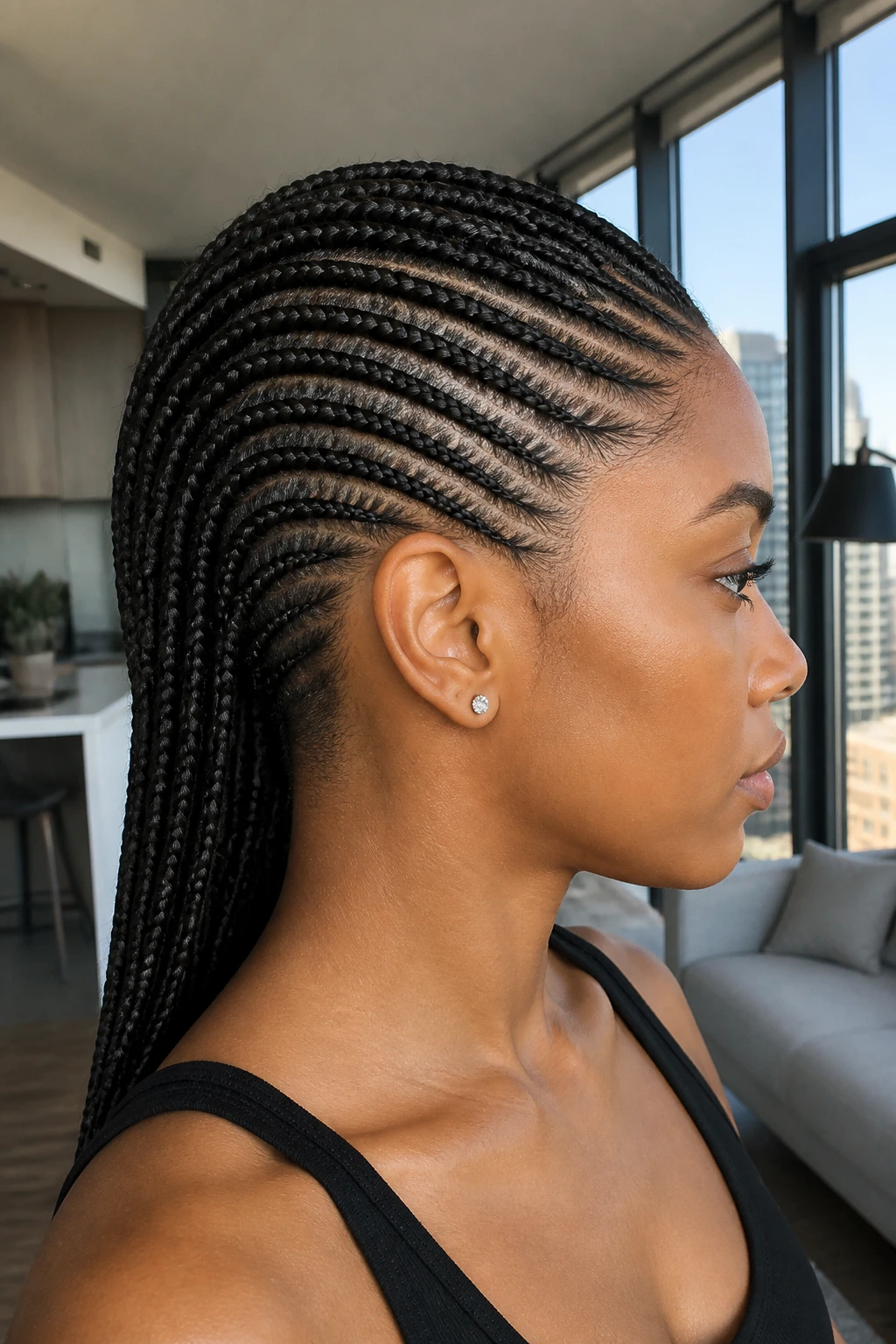 Close-up of tapered micro cornrows showing front-to-back braids