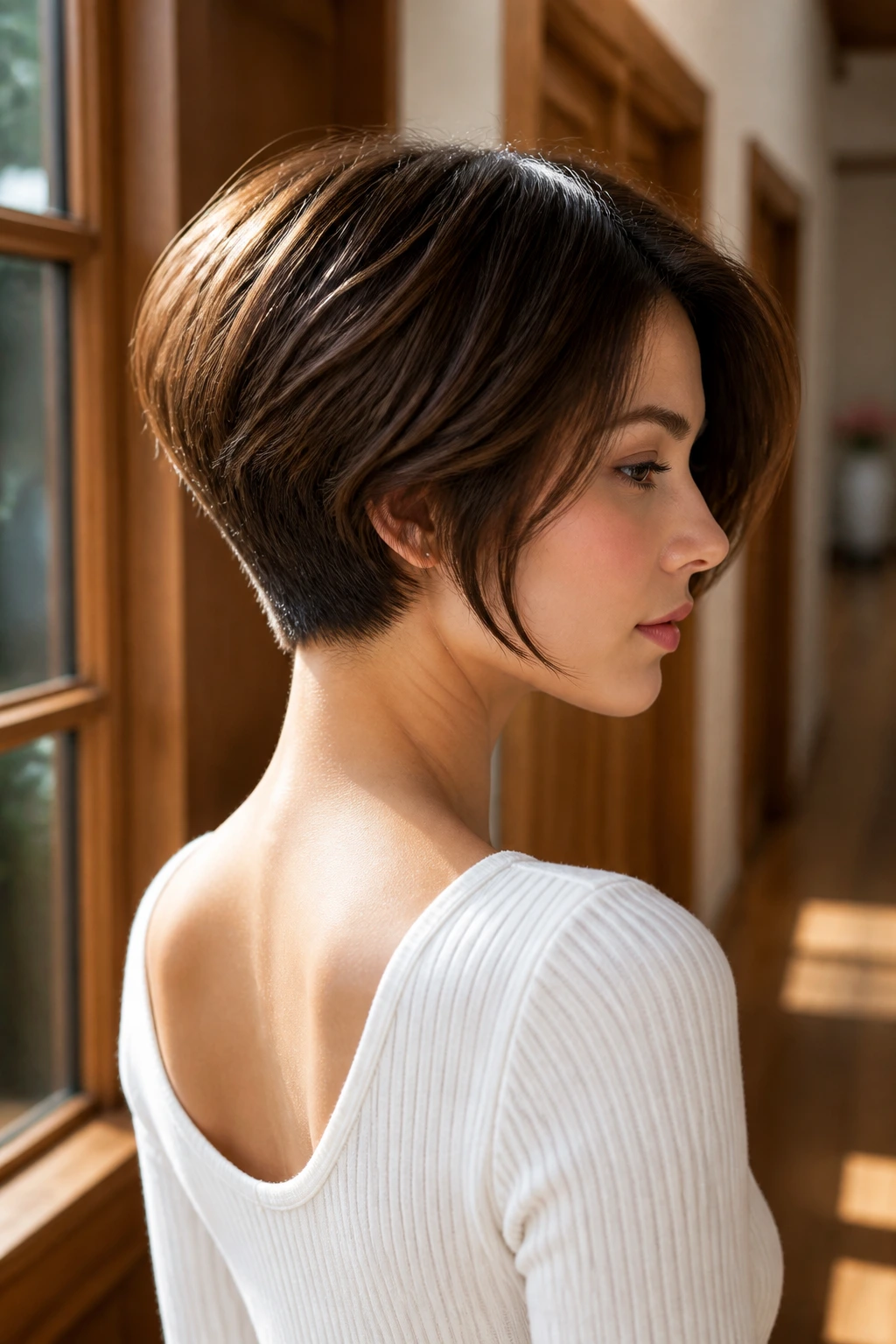 Three-quarter portrait of a real woman with a tapered nape bob showing neck contour