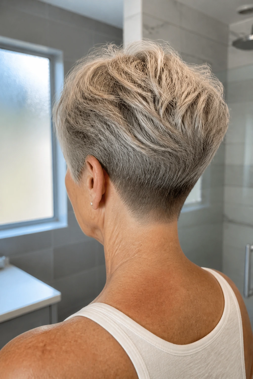 Back-of-head view of a woman with a tapered nape crop hairstyle