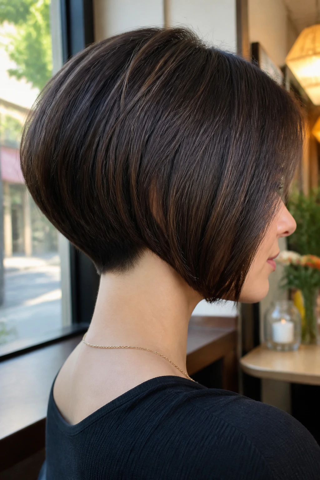 Close-up portrait of a real woman with tapered nape inverted bob in cafe light