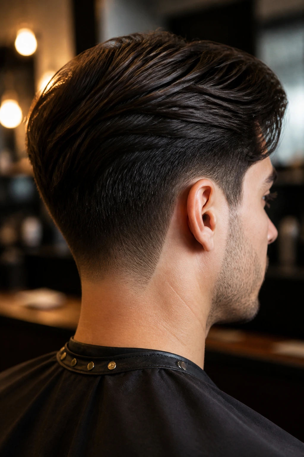 Close-up of a real person with a tapered nape and long top in a barbershop