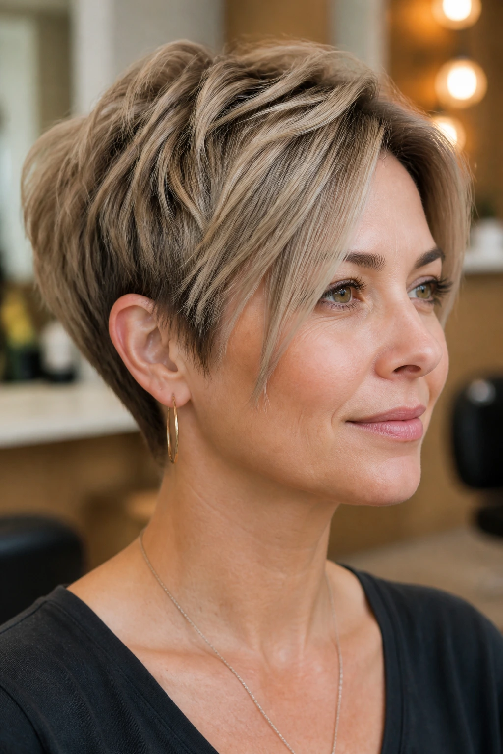 Close-up of a real person with a tapered nape pixie hairstyle.