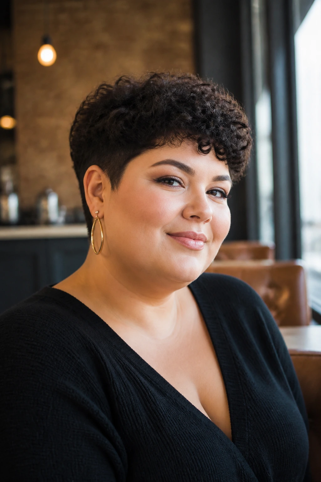 Close-up portrait of a person with a tapered nape pixie in a chic cafe.