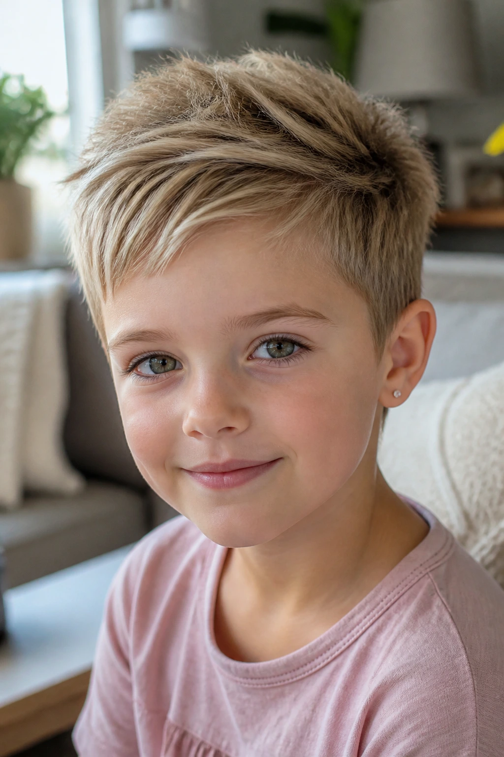 Close-up of a child with a textured tapered pixie hairstyle