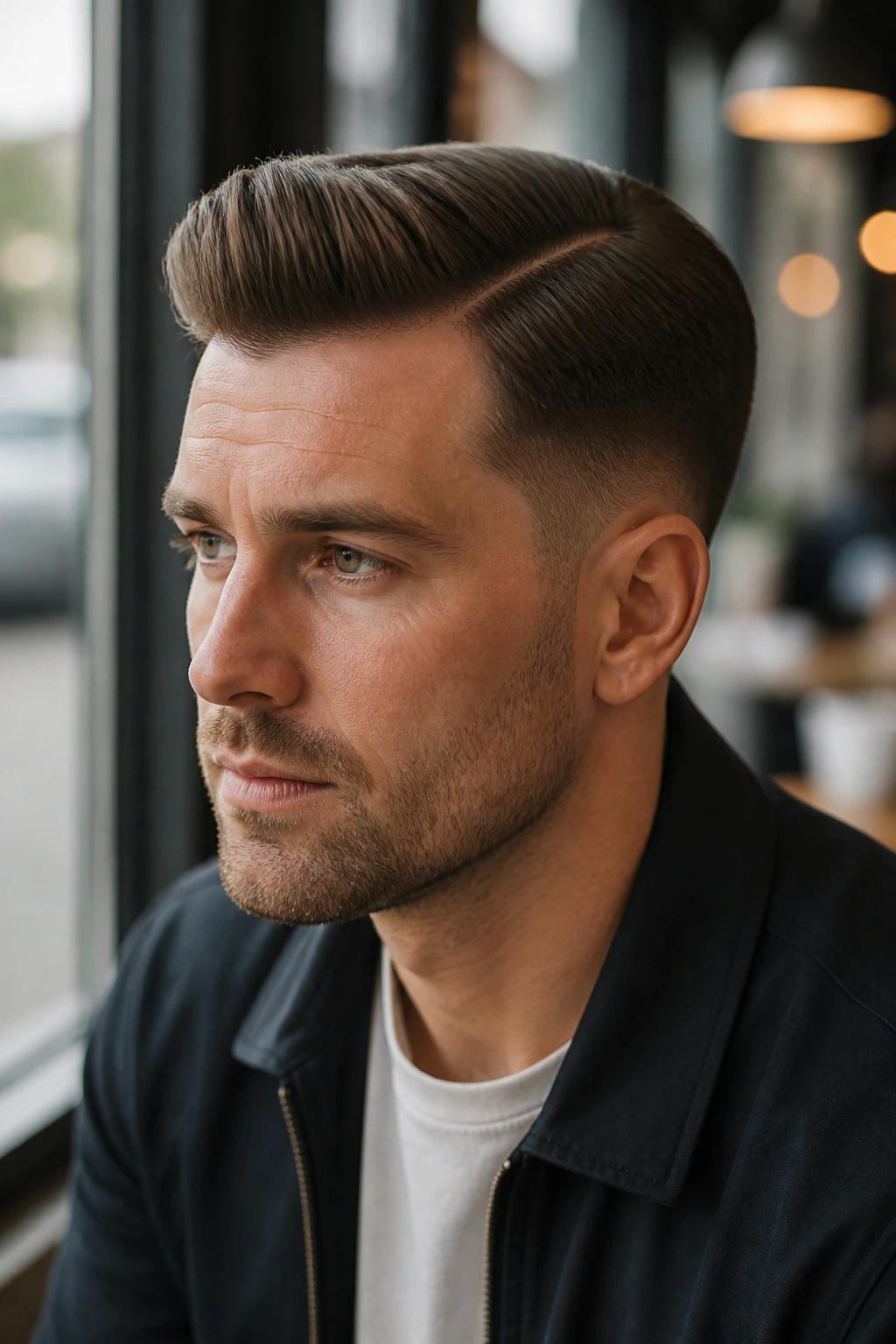 Man with tapered side part hairstyle in cafe setting.