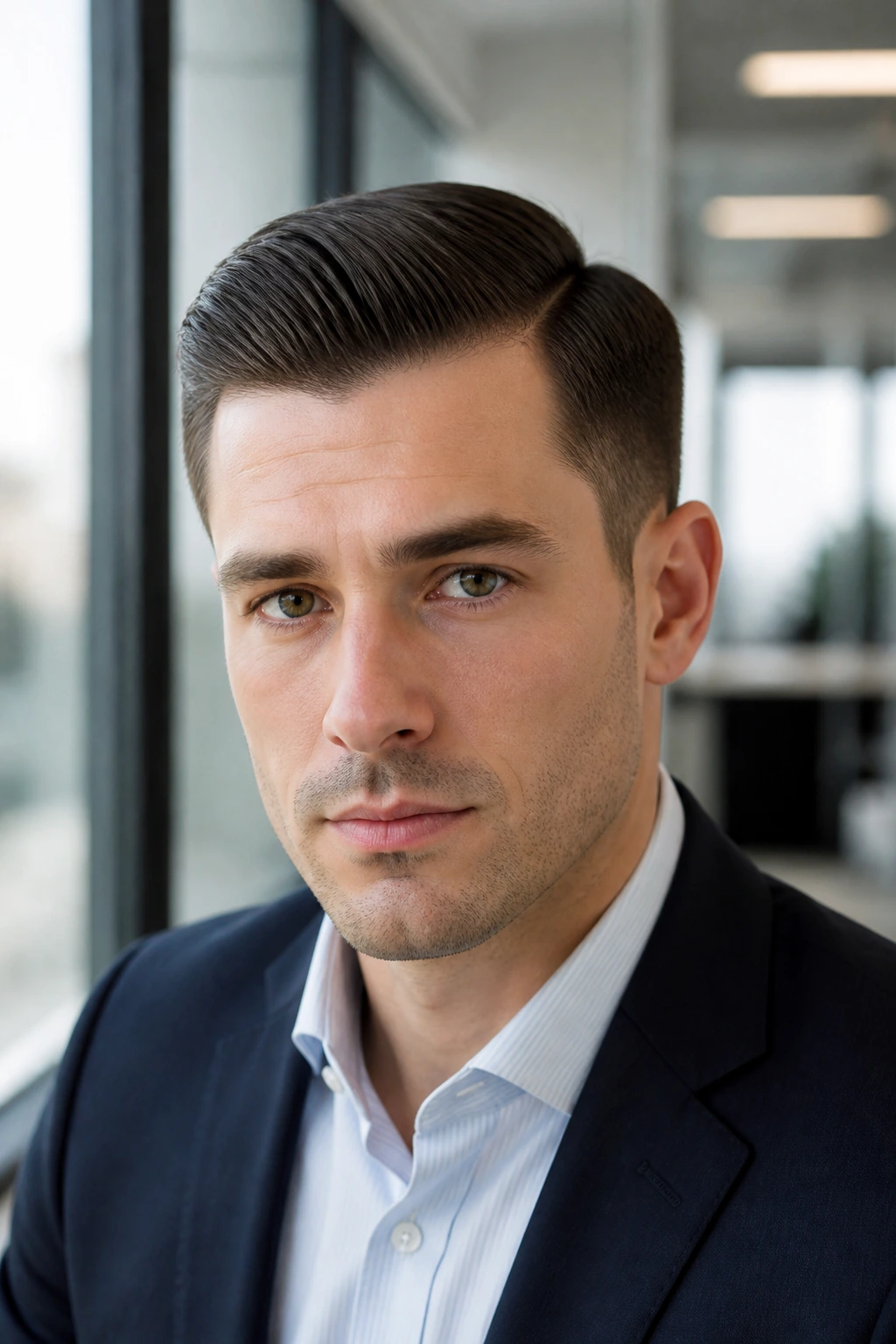 Close-up of a man with a tapered side part in a modern office setting.