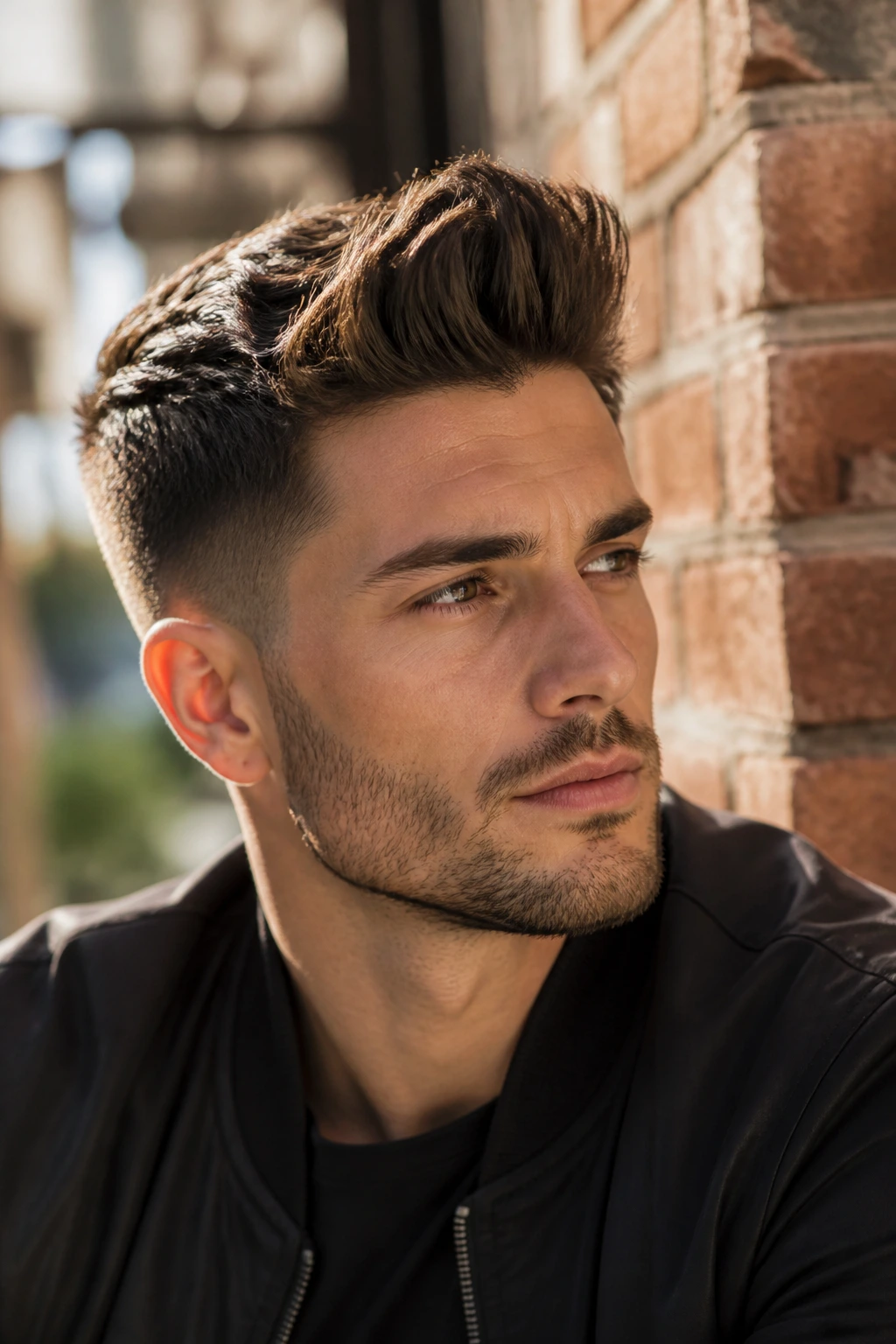 Man with tapered sides and textured top pompadour in sunlit cafe setting.