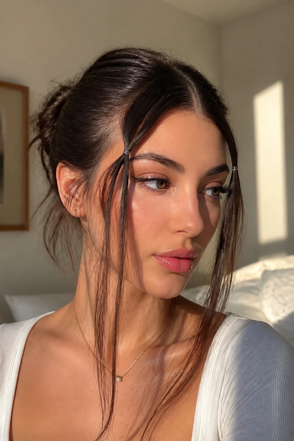 Portrait of a real person with two thin front strands pulled back in a pull-through style