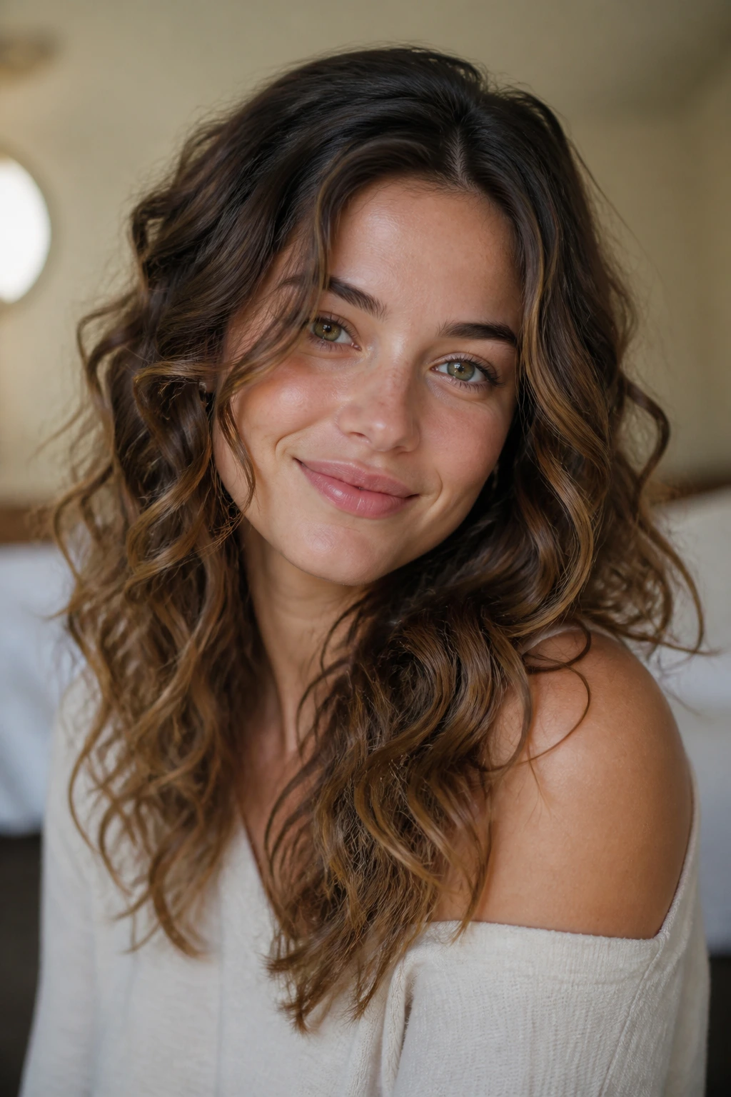Real woman with tapered wand curls of varying sizes for a natural look.