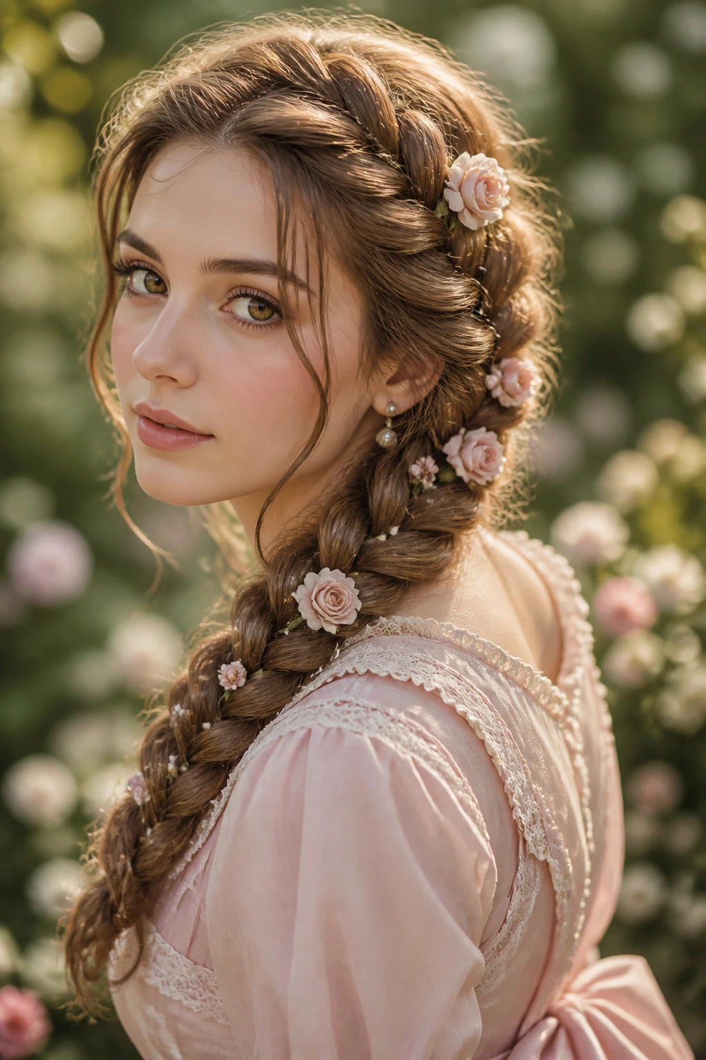 Close-up portrait of a real woman with a pancake Dutch/fishtail braid decorated with flowers