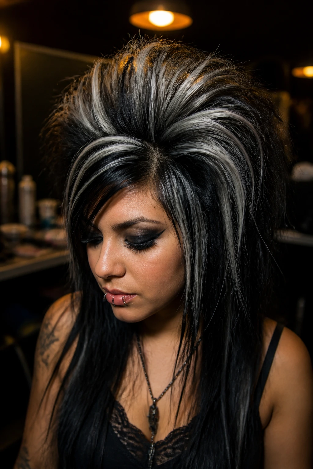 Close-up of Latina woman with teased crown and silver streaks in backstage lighting