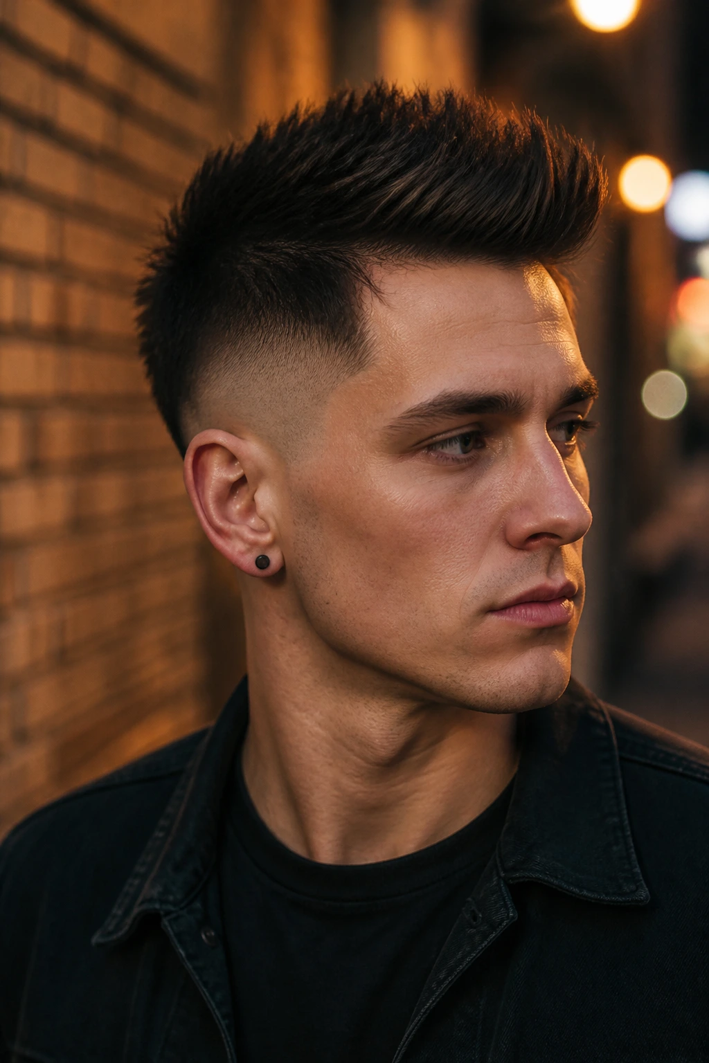 Close-up portrait of a real person with a temple fade fohawk on an urban street at dusk