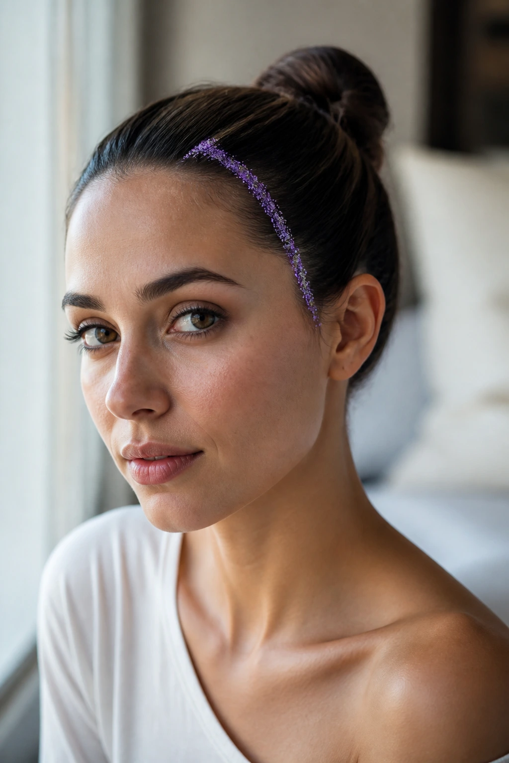 Close-up of a real woman with a minimalist purple glitter temple streak and a sleek bun under soft natural light