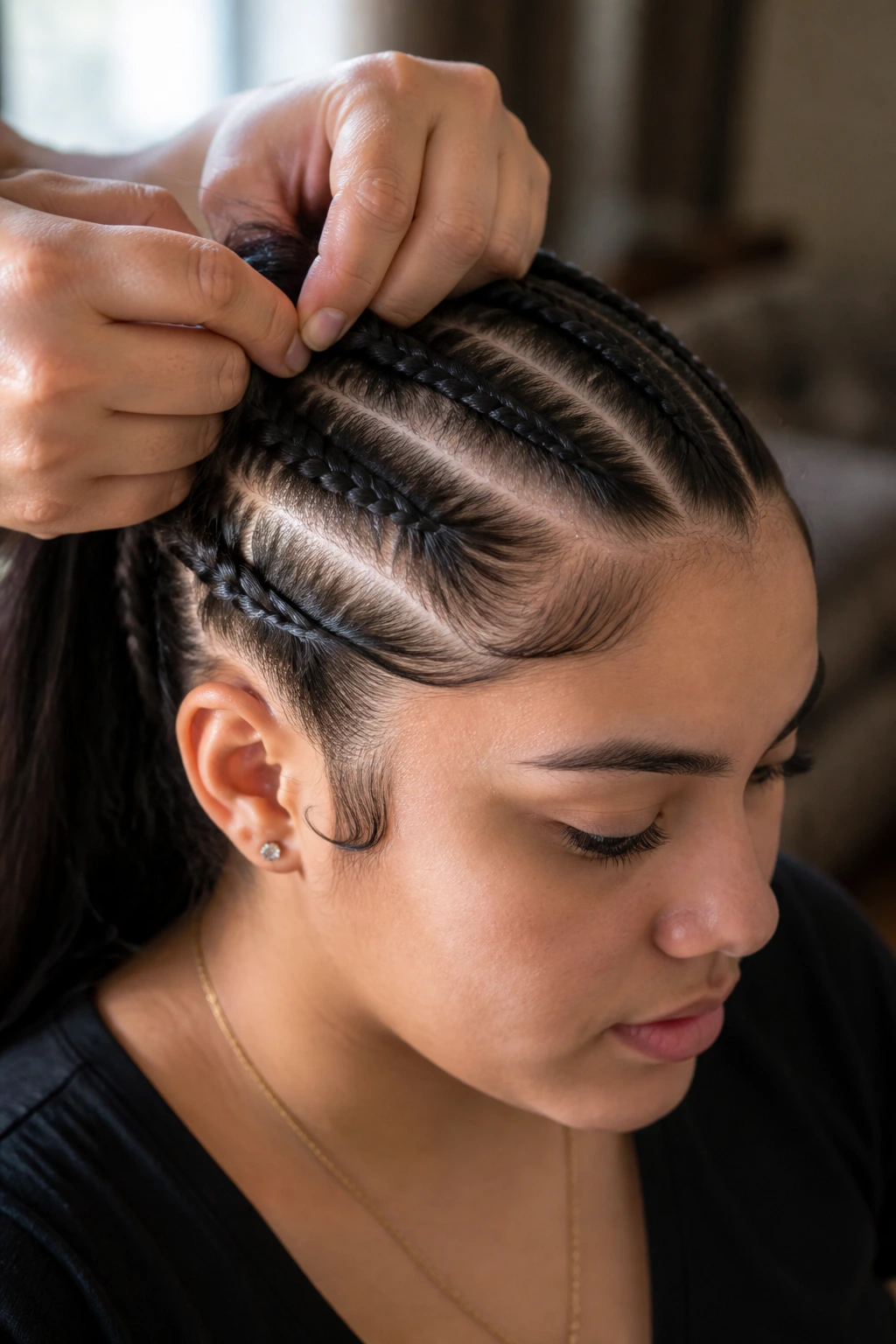 Close-up of a real woman's head showing taut but comfortable tension in braid sections