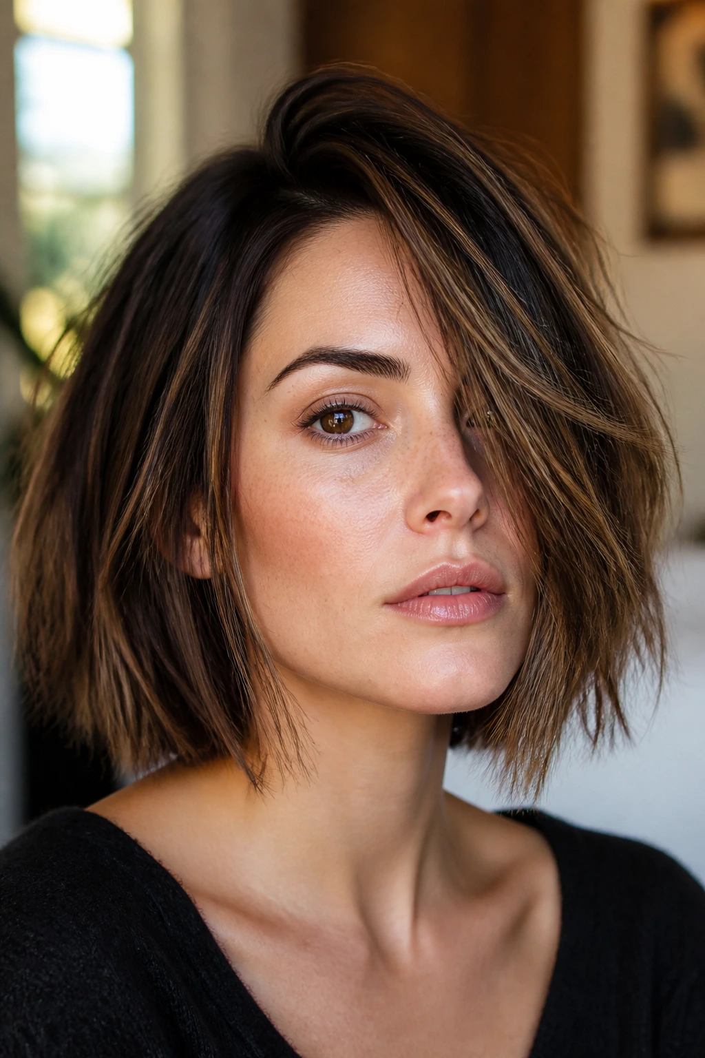 Close-up of a real woman with jaw-length textured bob and deep-side sweep, highlighting volume and texture