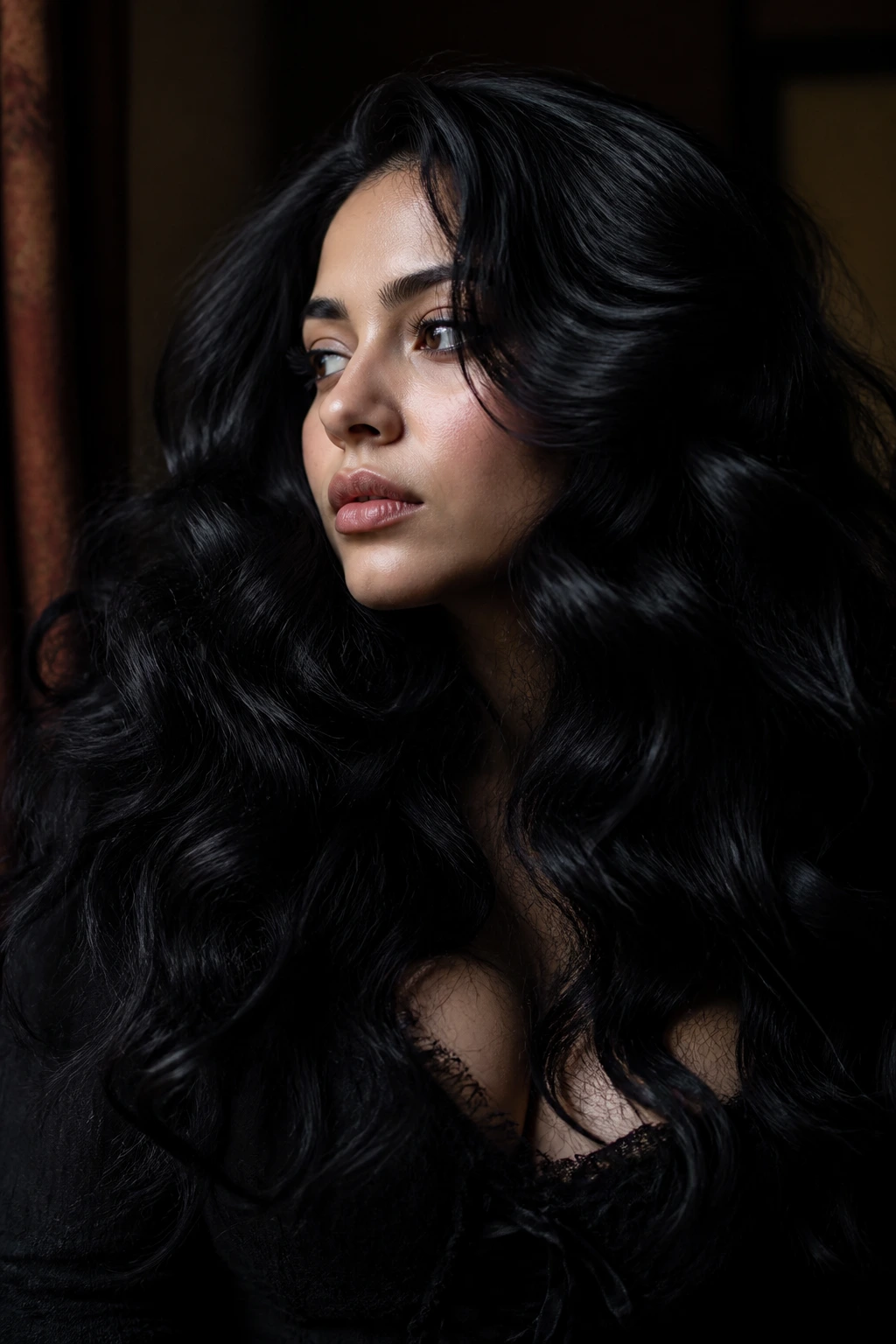 Close-up of a Latina woman's hair with high-contrast texture and waves in moody indoor light