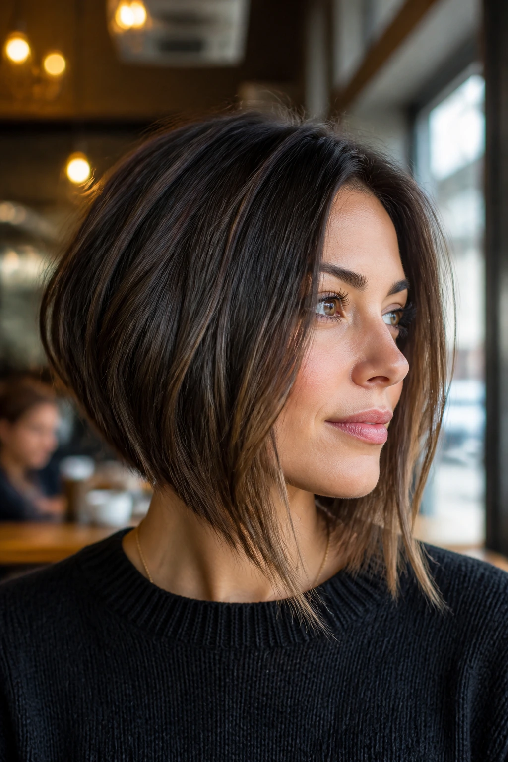 Close-up portrait of a real woman with a textured A-line bob showing movement at the ends.