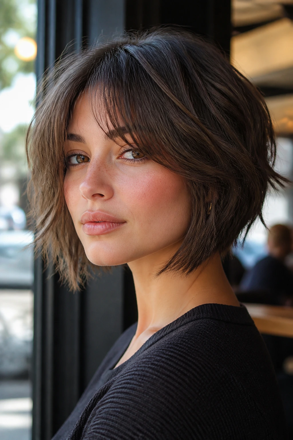 Close-up of a real woman with textured A-line bob and curtain bangs