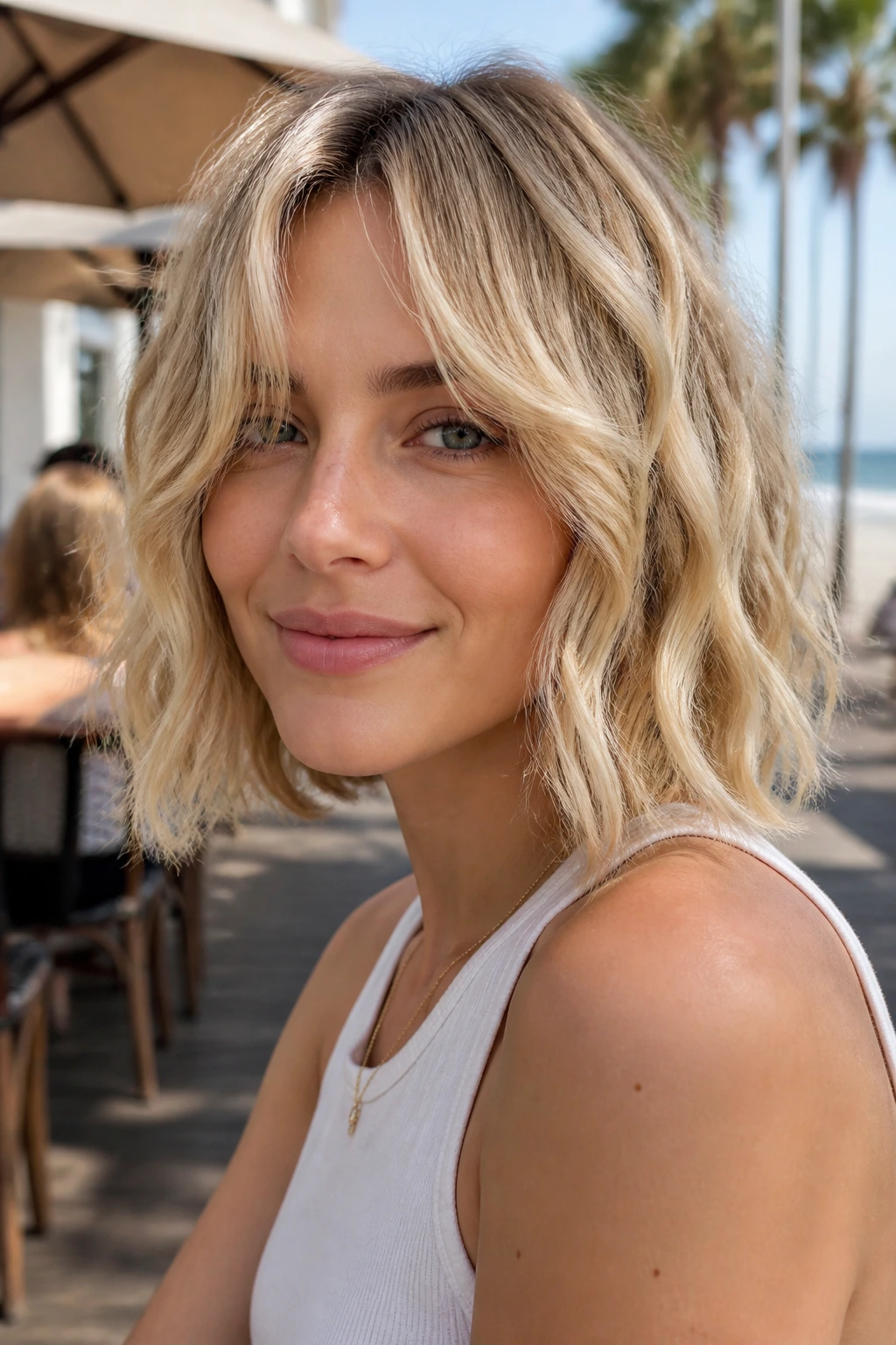 Close-up of a woman with textured beachy blonde hair and curtain bangs.