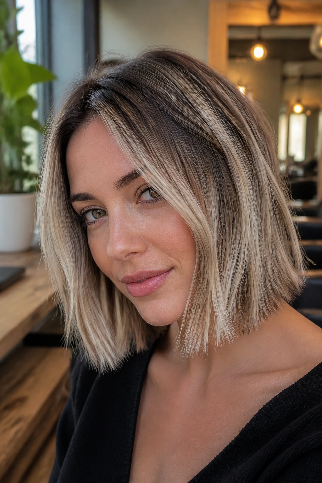 Close-up portrait of a woman with a textured blunt bob and ashy blonde ribbons, in a warm salon setting