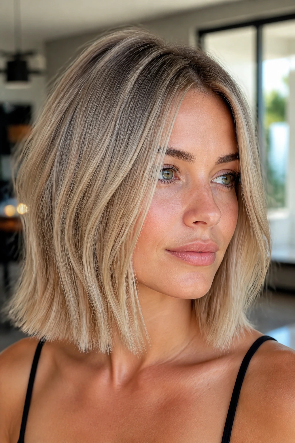 Close-up of a woman with a textured blunt bob and baby lights.
