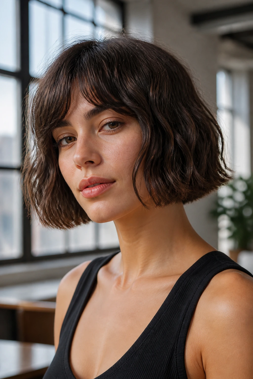 Close-up of a real woman with a textured blunt bob