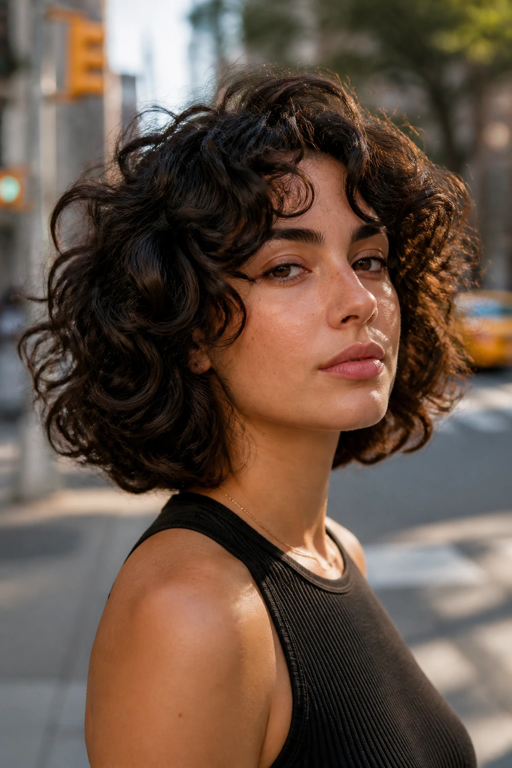 Close-up portrait of a real person with textured bob butterfly hybrid hairstyle.