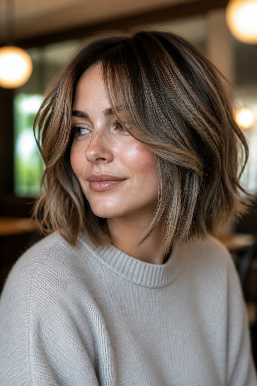 Real woman with textured bob, curtain bangs, highlighted strands.