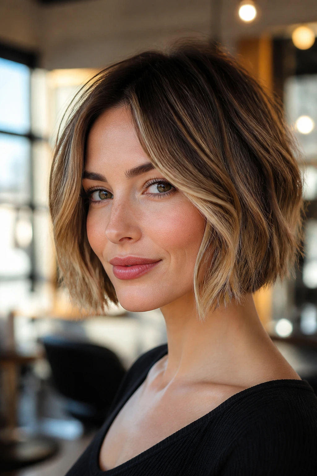 Close-up of a real woman with a jaw-length textured French bob and honey highlights in warm salon light.