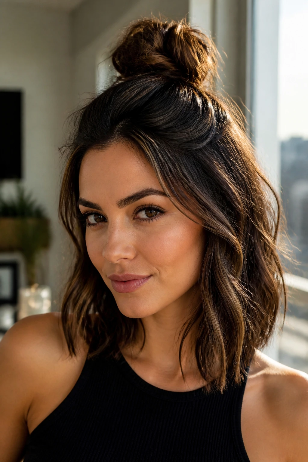 Portrait of a real woman with a textured bob and top-knot.