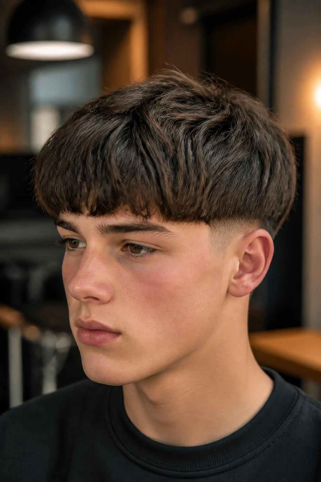 Close-up of a real person with a textured bowl cut in a modern salon.