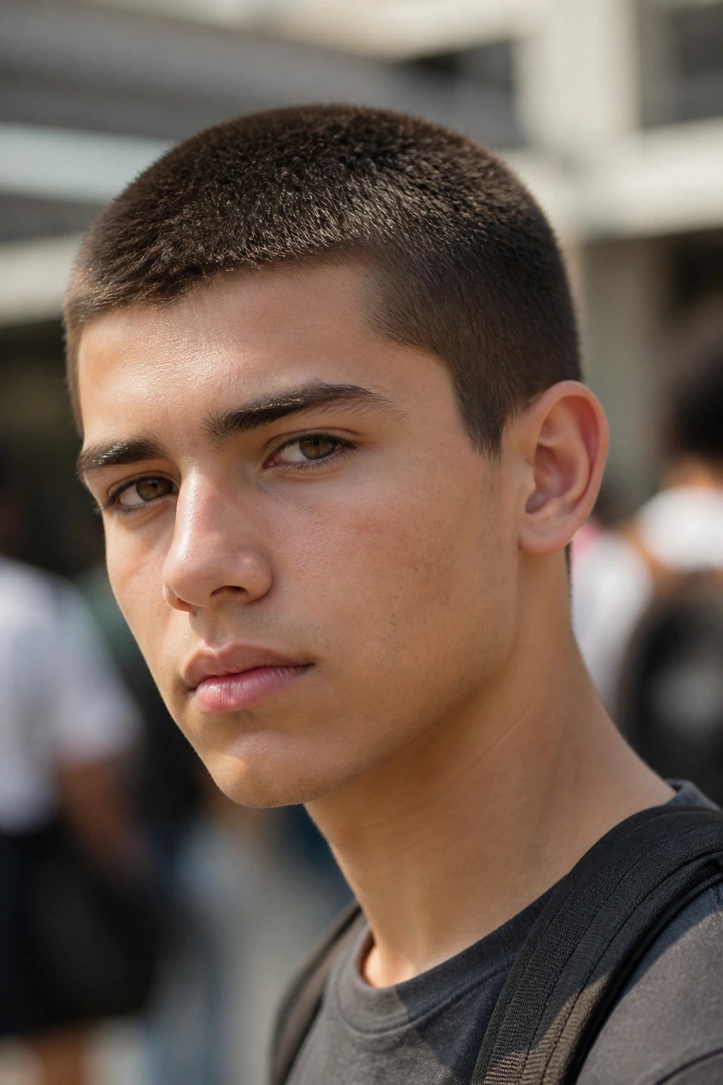Close-up of a student with a textured burr cut in a school setting