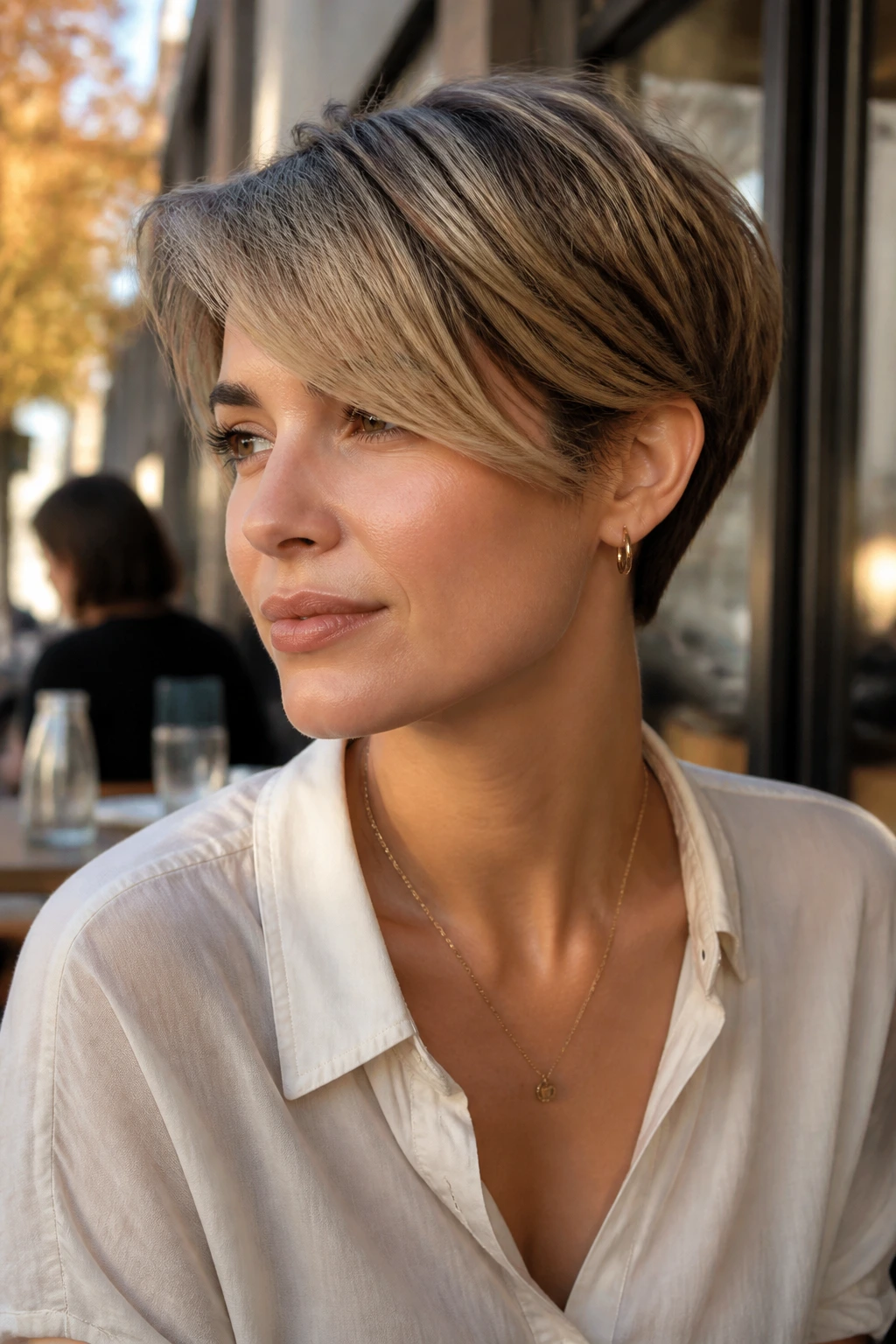 Close-up of a real person with a textured crop and long bangs