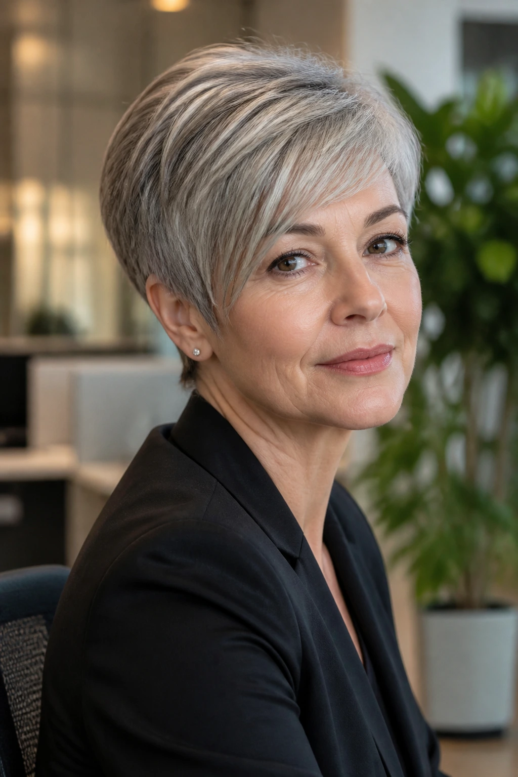 Three-quarter portrait of a real woman with textured crop and side-swept bangs in an office