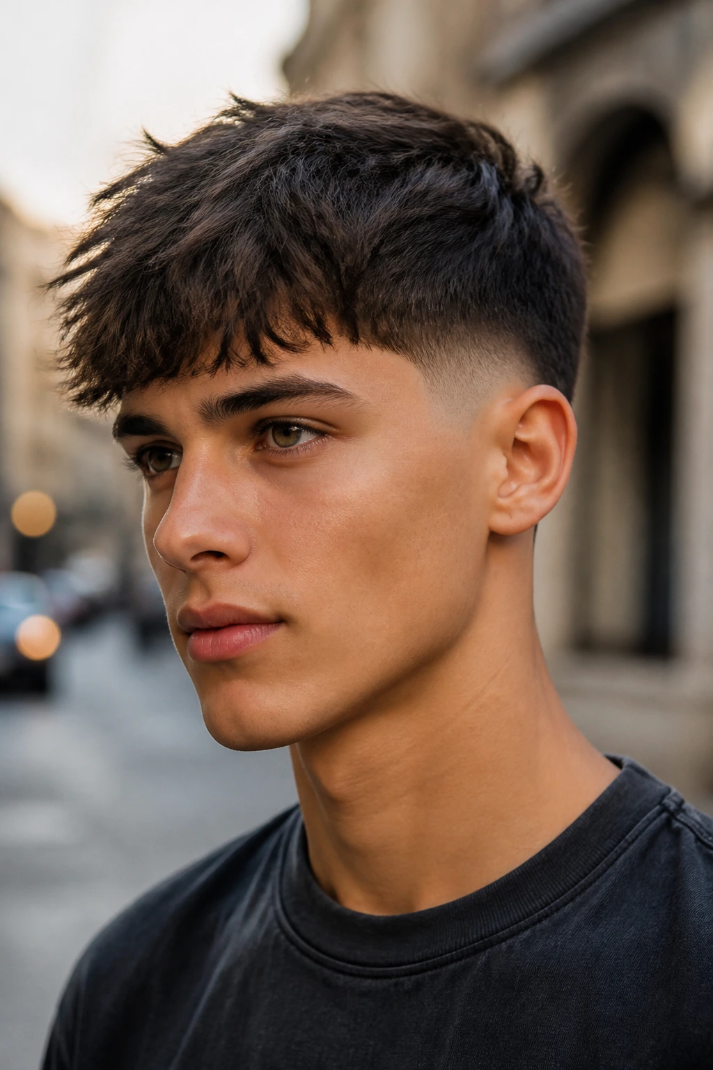 Close-up portrait of a real teenage boy with textured crop and fade