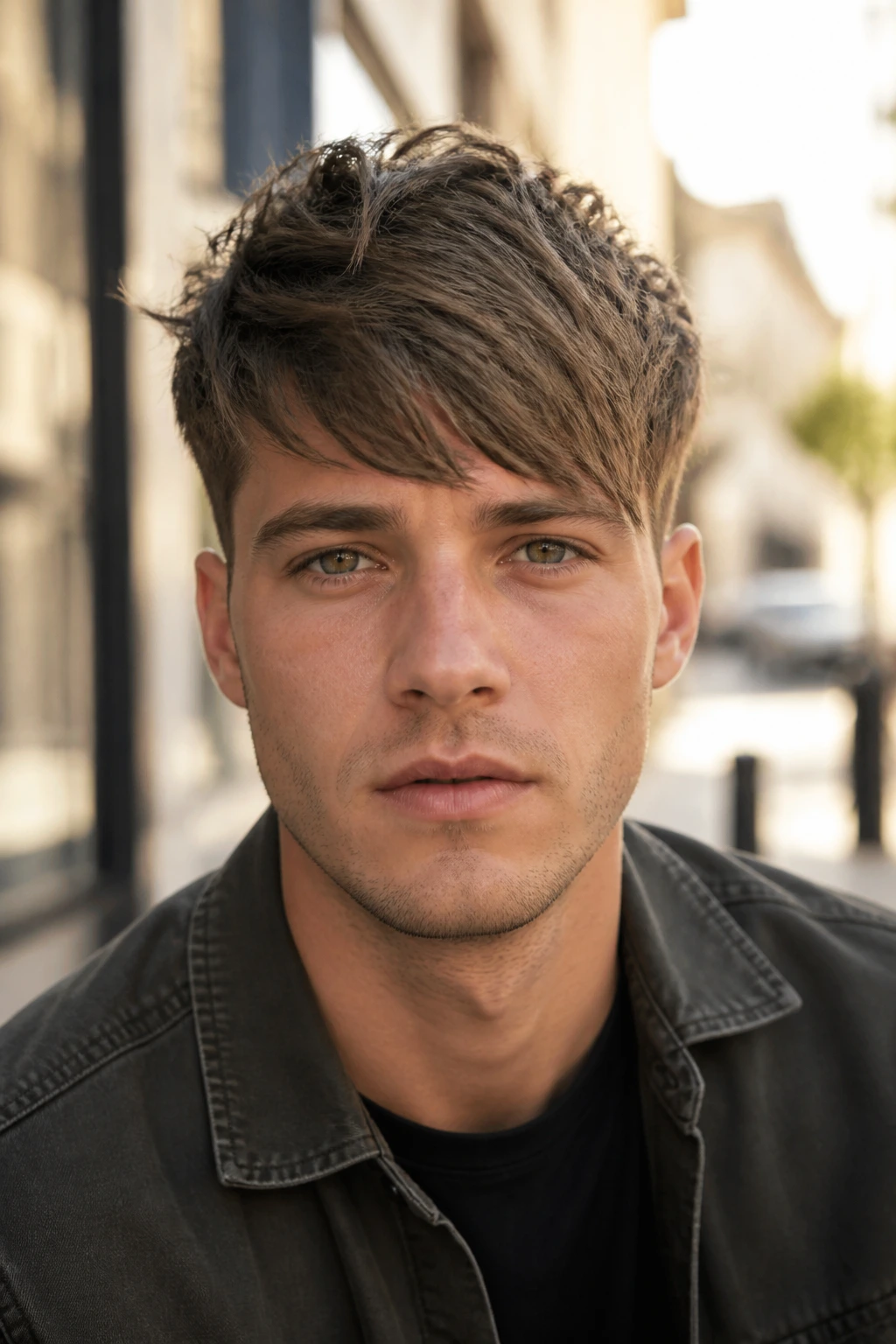Portrait of a person with a textured crop and side-swept fringe.