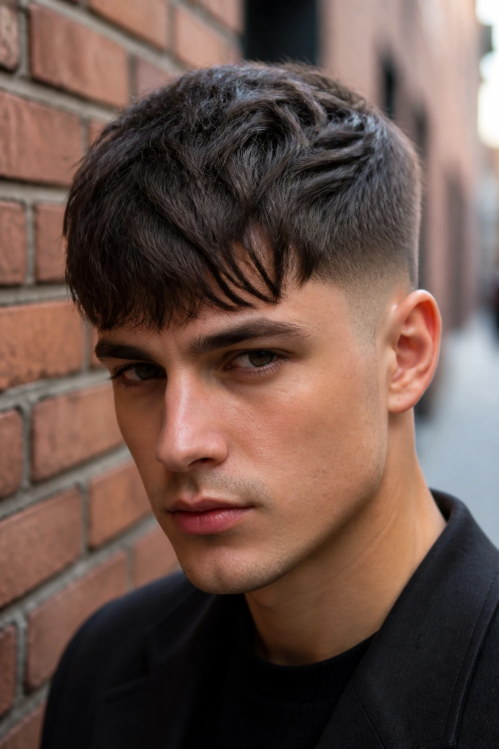 Close-up portrait of a man with a textured crop and fringe.