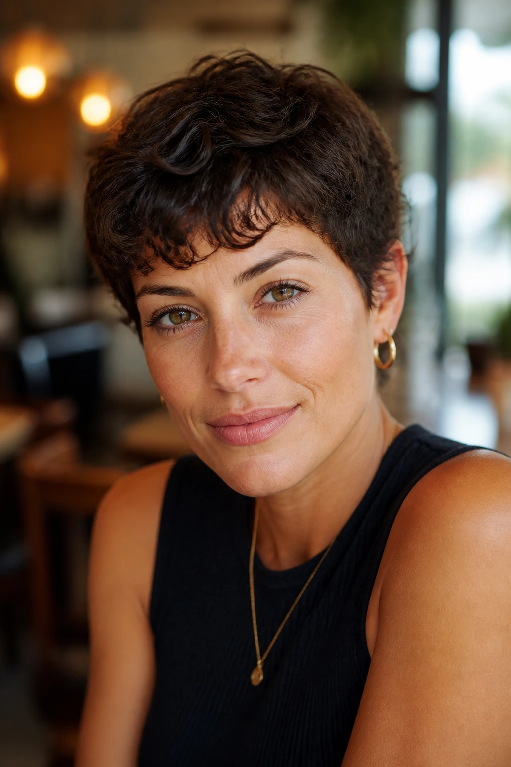 Close-up portrait of a real person with a textured crop and fringe hairstyle