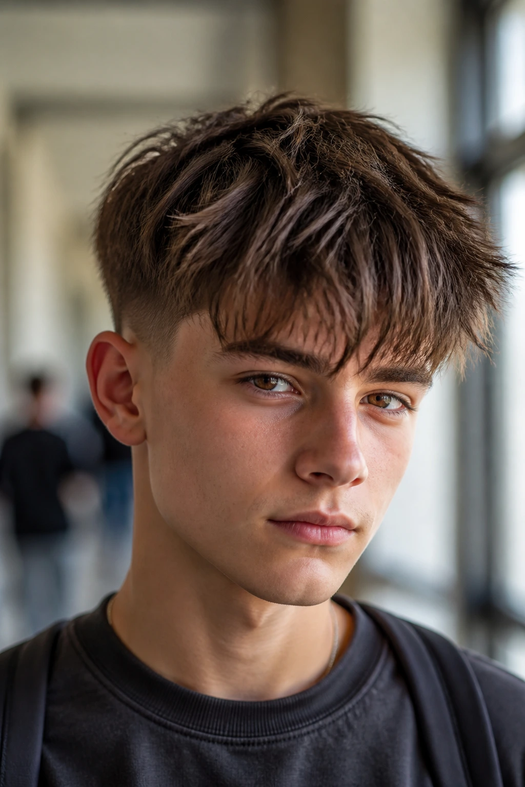 Close-up portrait of a teen boy with textured crop and fringe in natural hallway light