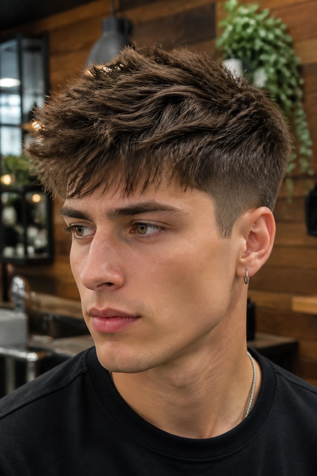 Close-up of a person with a short textured crop showing spikes and texture.