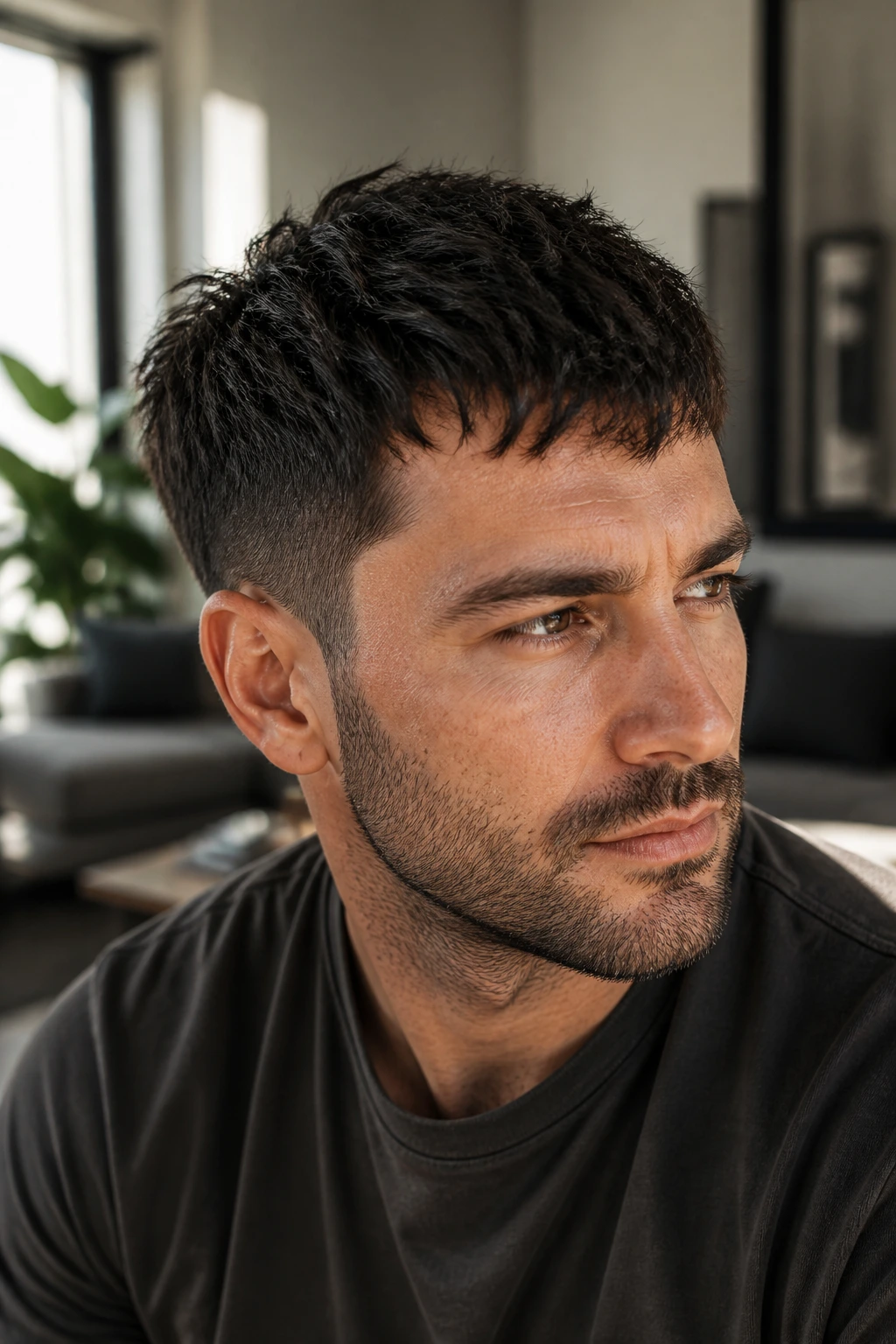 Close-up of man with textured crop hairstyle.