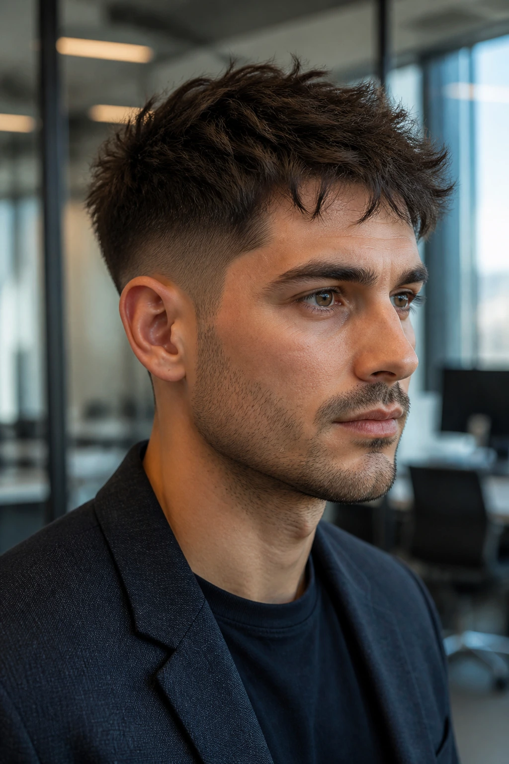 Close-up portrait of a man with a textured crop in a modern tech office