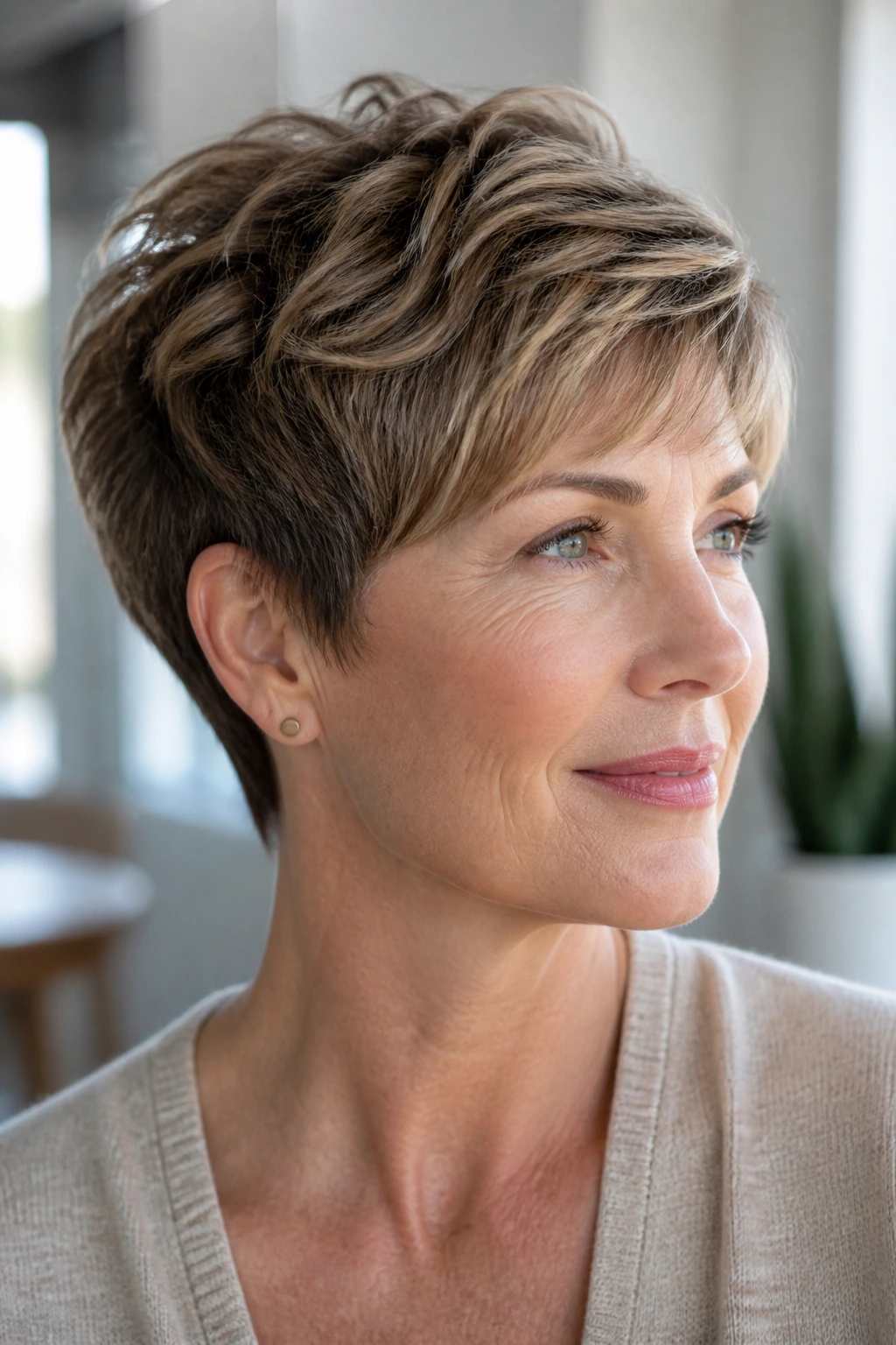Close-up of a real woman with a textured crop and highlights