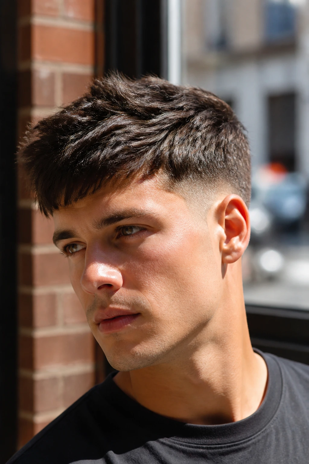 Close-up of a man with a textured crop and tapered fade in cafe light