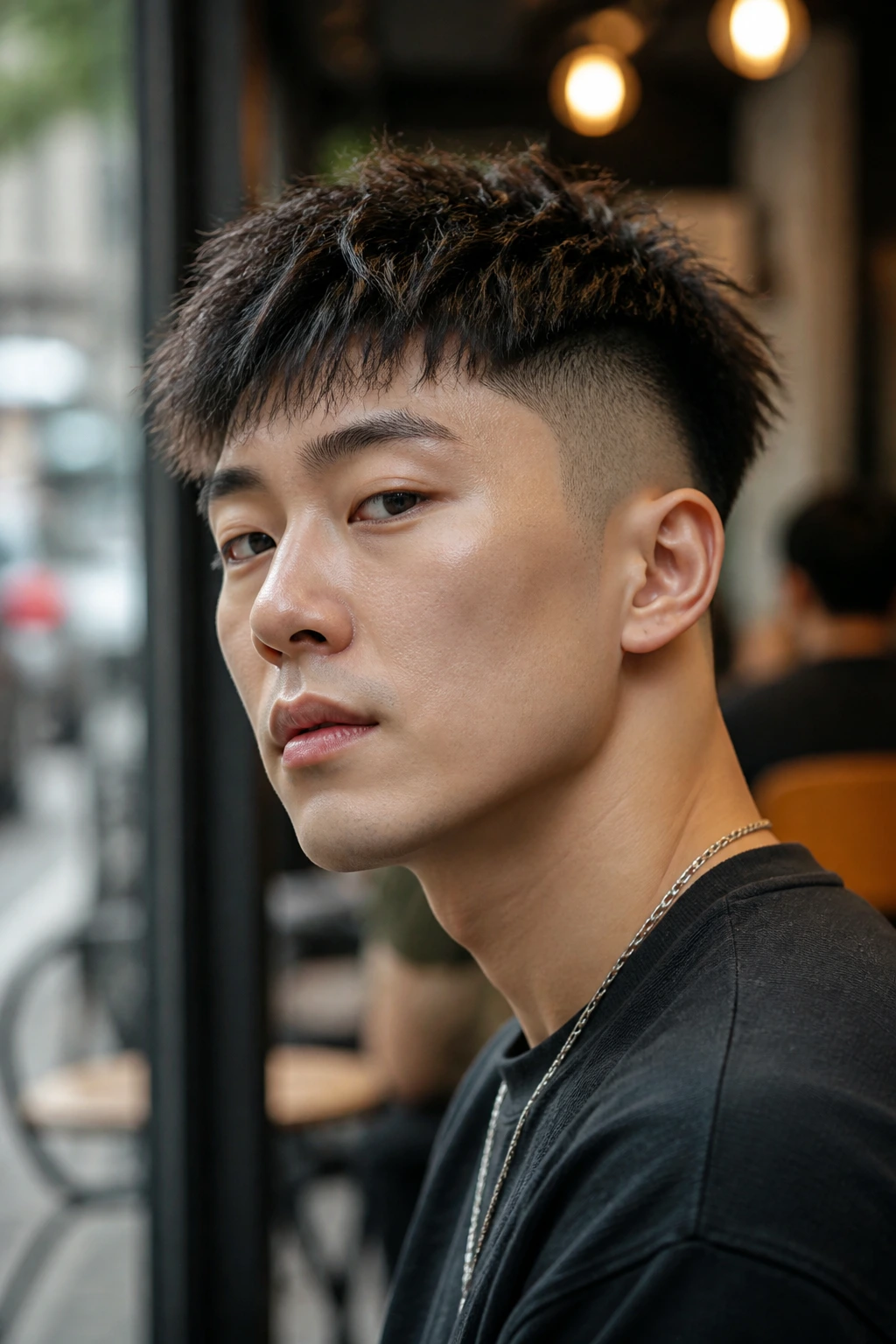 Portrait of Asian man with textured crop and temple fade