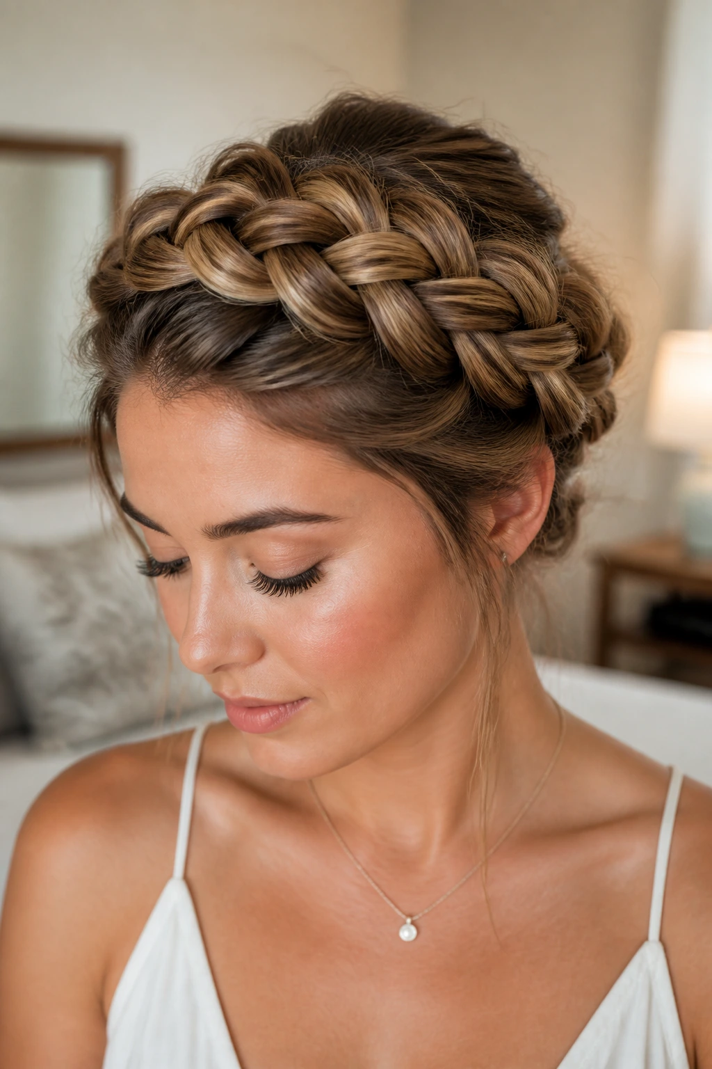 Close-up of a woman wearing a textured crown braid, warm daylight from a window
