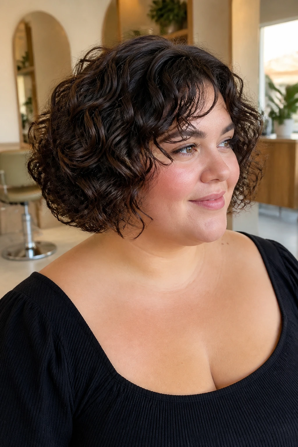 Close-up portrait of a real woman with a textured curly bob framing her chin.