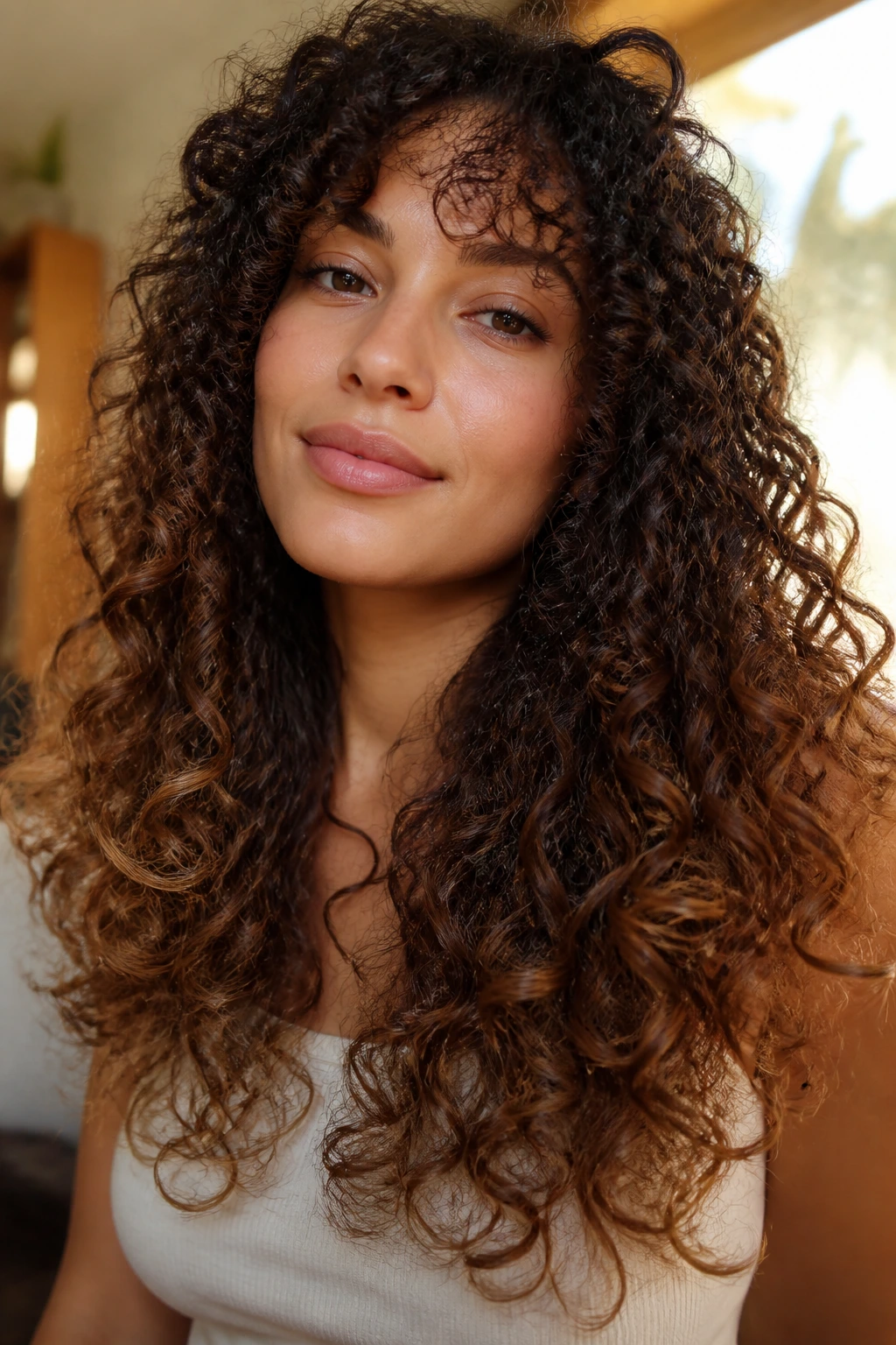 Close-up of curly hair with textured feathered ends