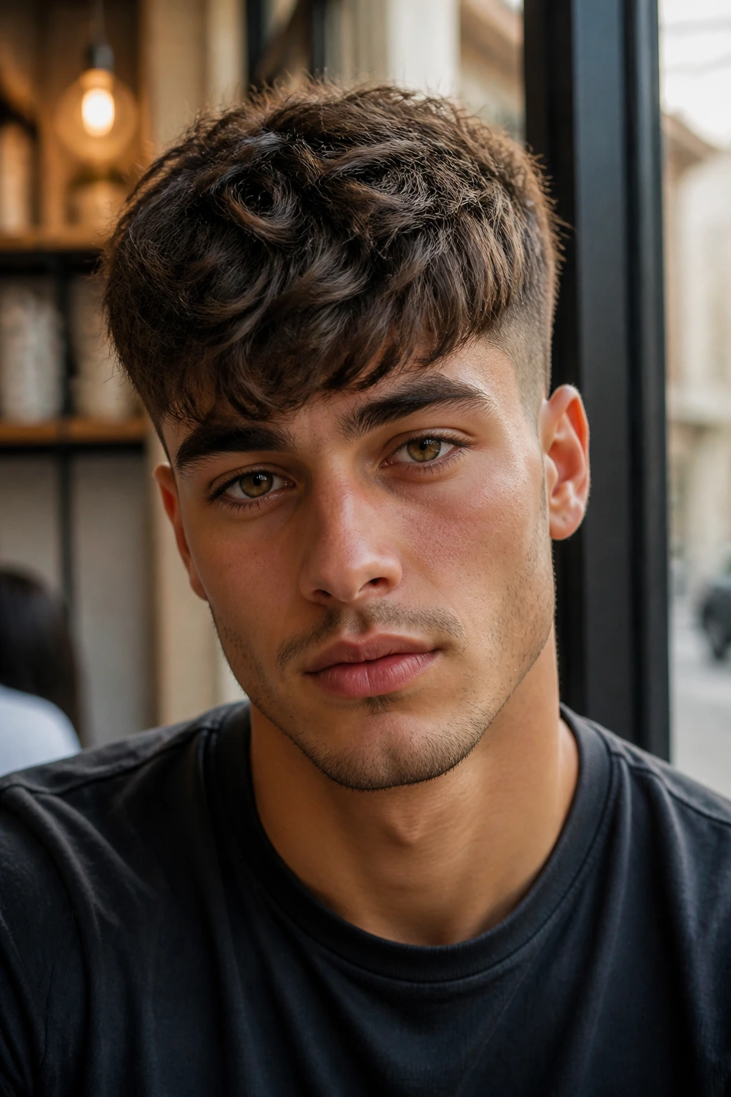 Man with textured fringe and tight fade in cafe window light