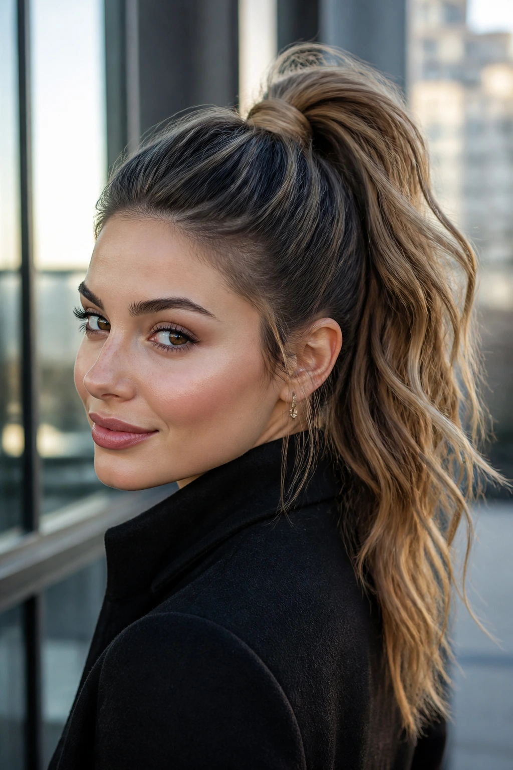 Close-up of a real woman with a textured high pony